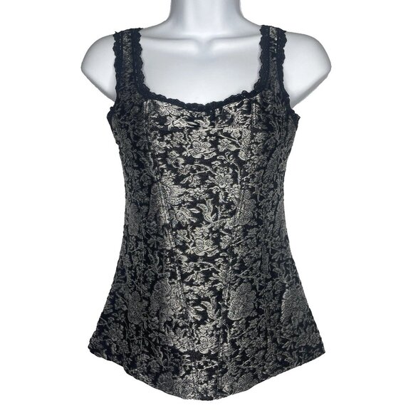 Vintage Y2K Cache Cami Camisole Tank Top Size S Black Silver Knit Floral Brocade - Picture 1 of 8